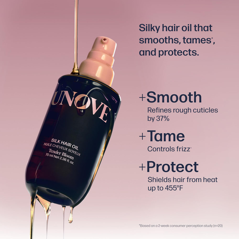 UNOVE Silk Oil Essence drop applied to hair for smooth, non-greasy nourishment