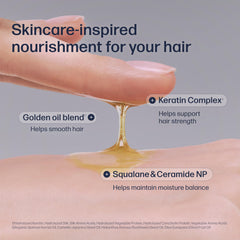 Close-up of hair strands with Silk Oil coating for silky shine