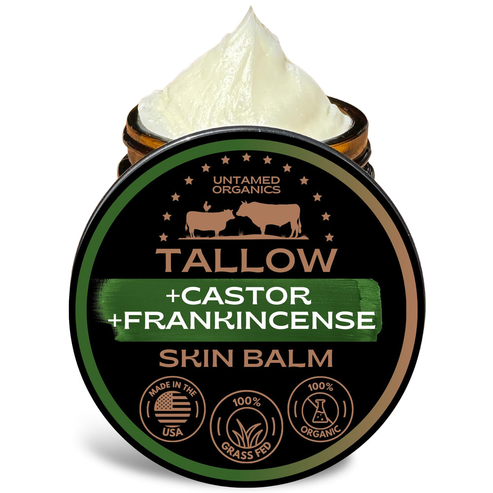 Untamed Organics tallow balm jar closeup for deep moisturization.