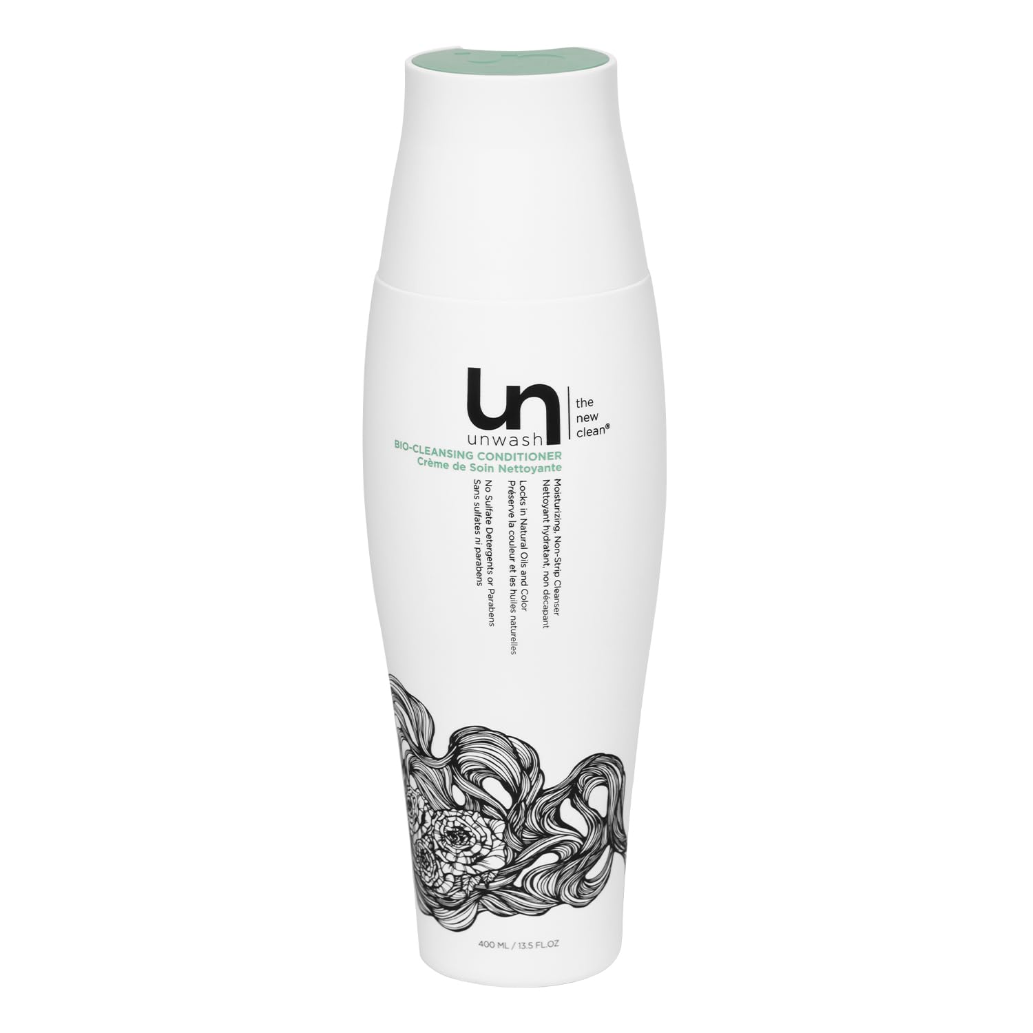 Unwash Bio-Cleansing Conditioner bottle shows hydrating formula for curly hair