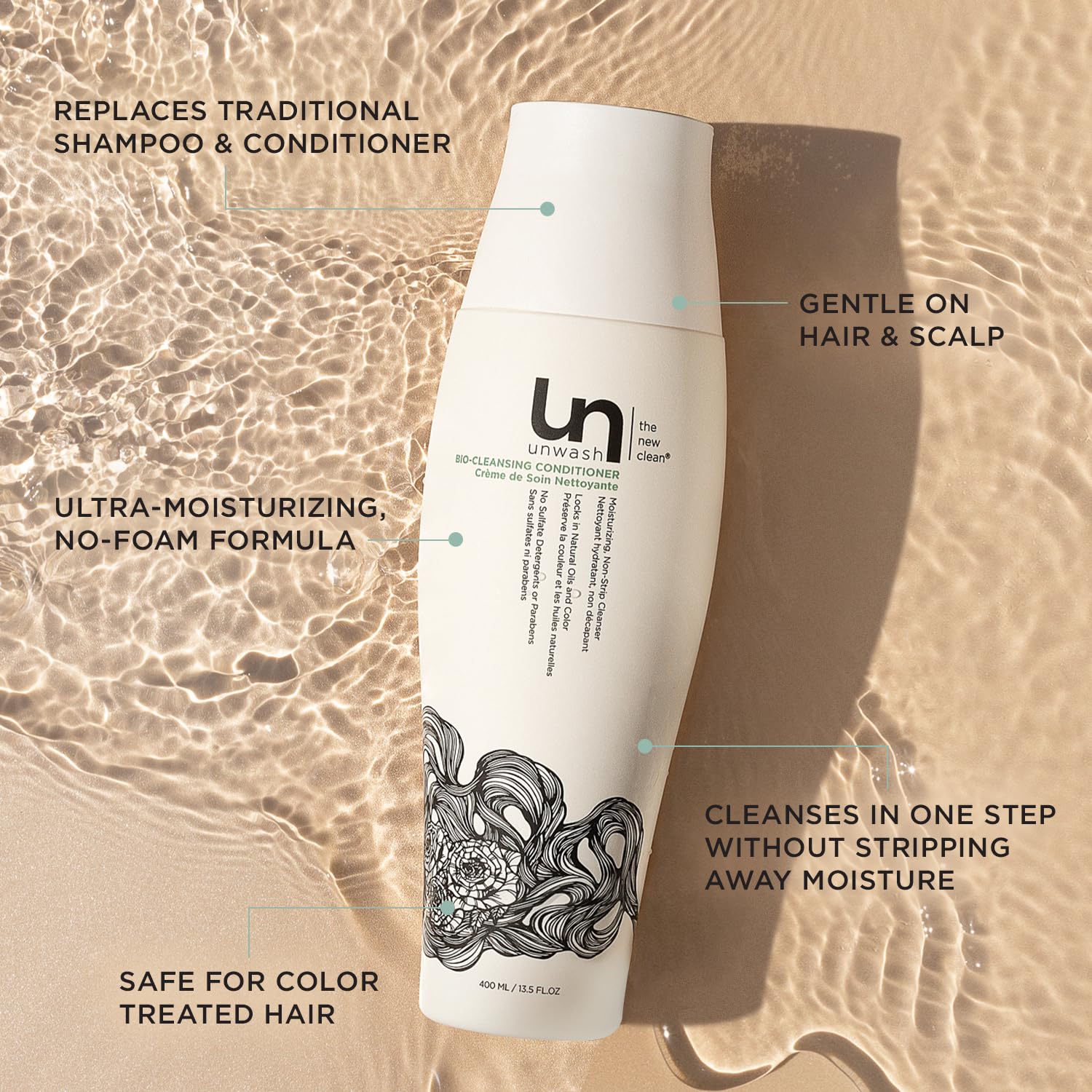 Unwash label close-up highlights natural ingredients for gentle cleansing