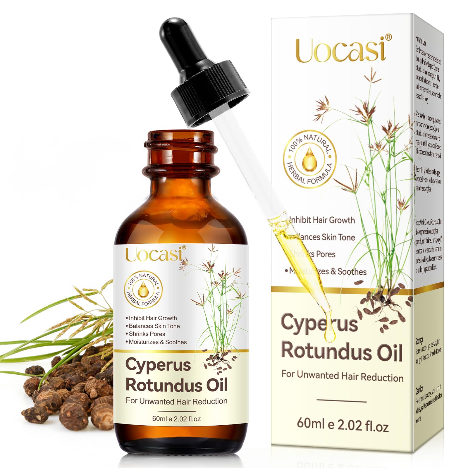 Aceite de Uocasi Cyperus Rotundus en frasco para cuidado diario de la piel.