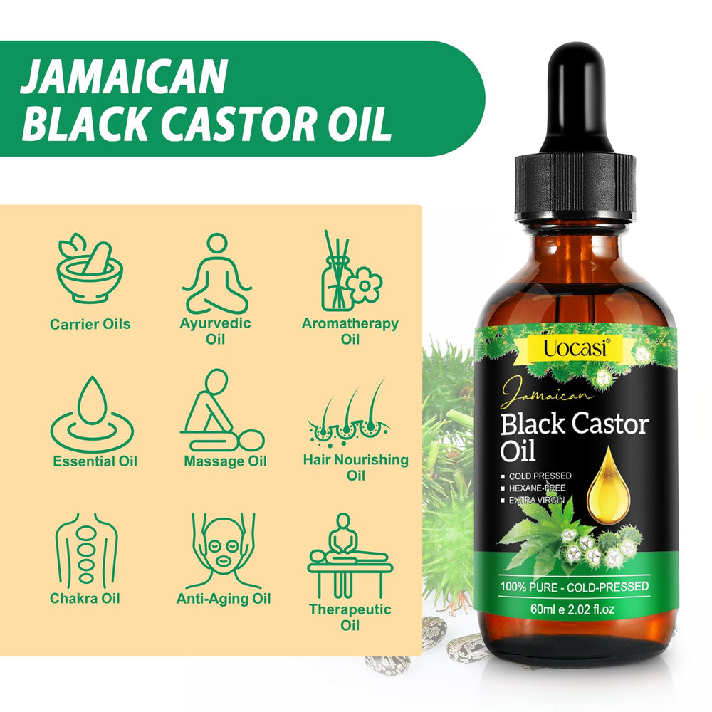 Uocasi Aceite de Ricino Negro Jamaicano, textura dorada para experiencia sensorial.