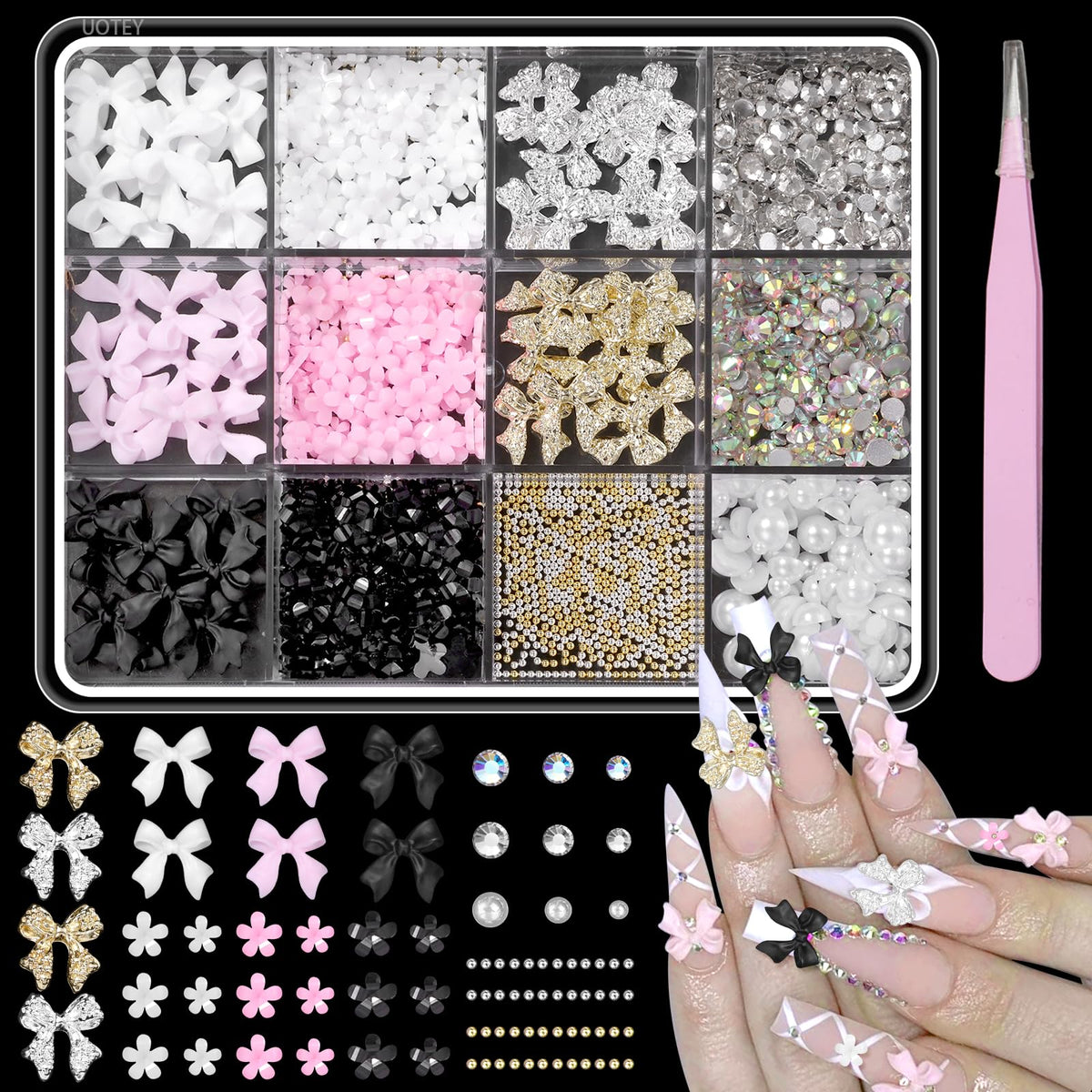 Uotey 3D bow nail charms in pink add chic dimension to nails.