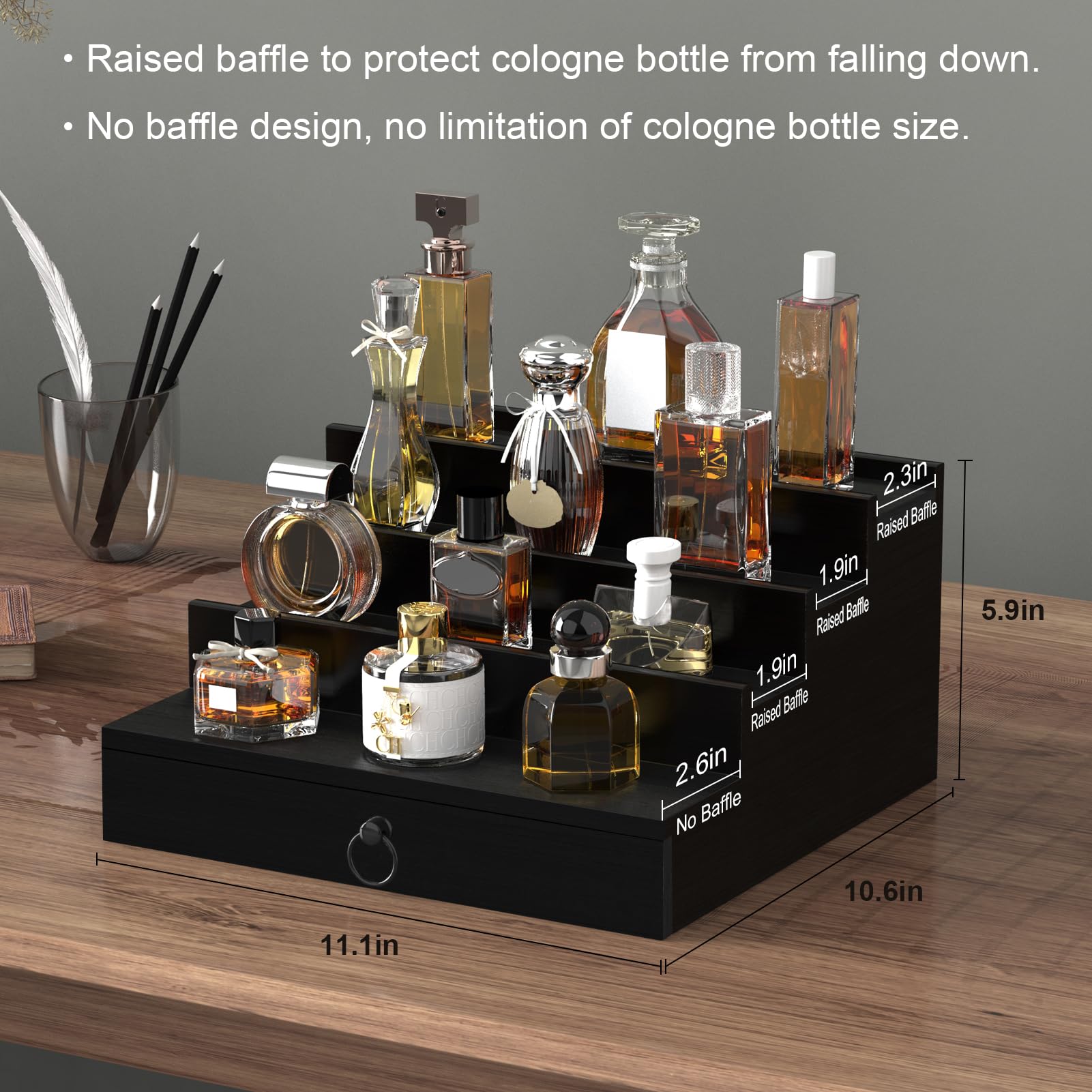 upcessory Cologne display shelf with bottom drawer for watches and rings
