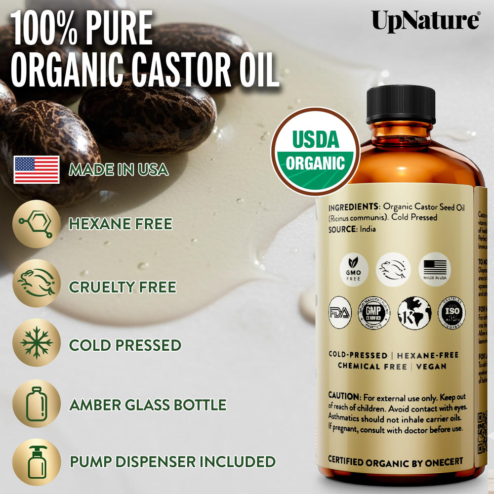 UpNature Castor Oil aids eyelash and brow maintenance with gentle coverage.