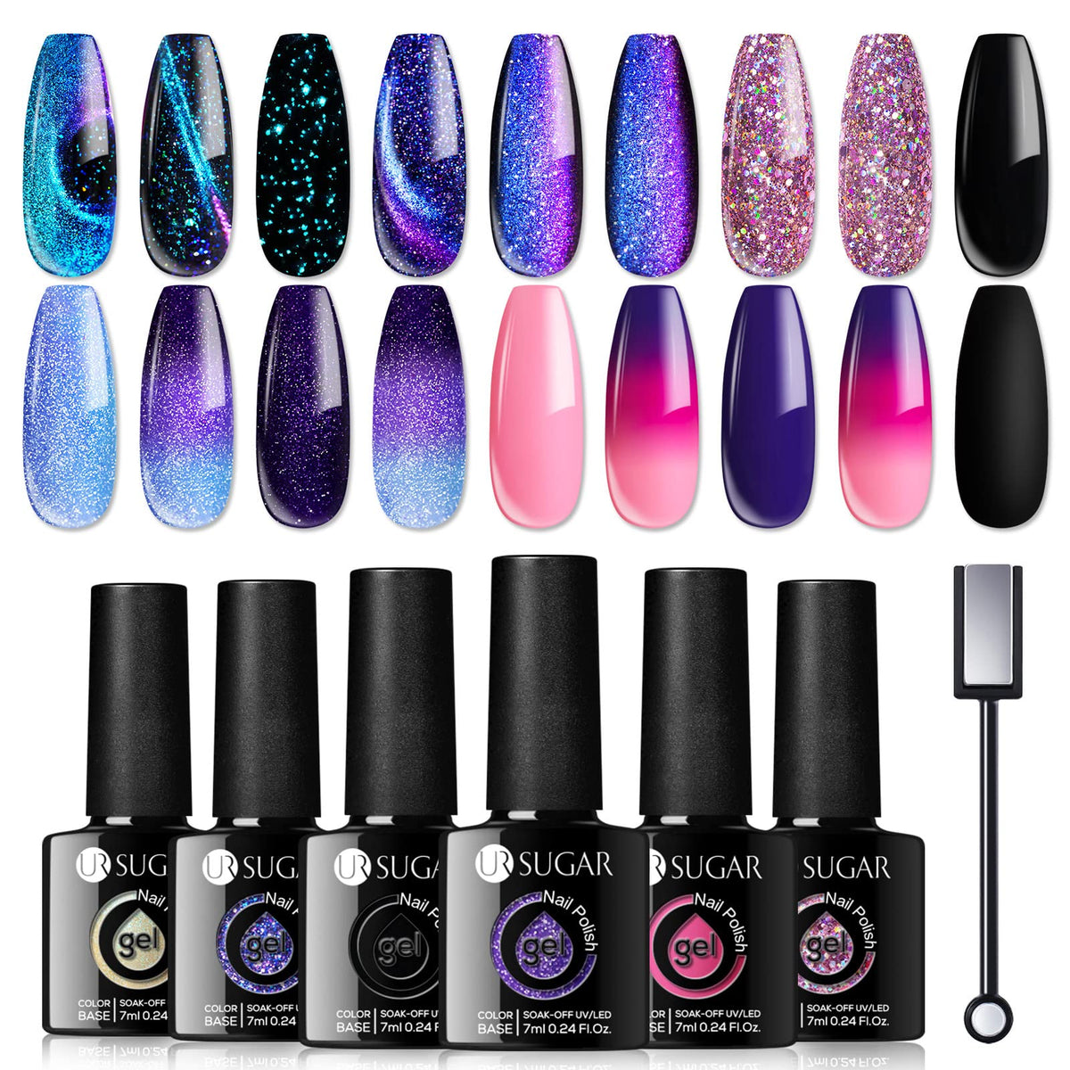 UR SUGAR set de gel glitter con seis colores para uñas brillantes.