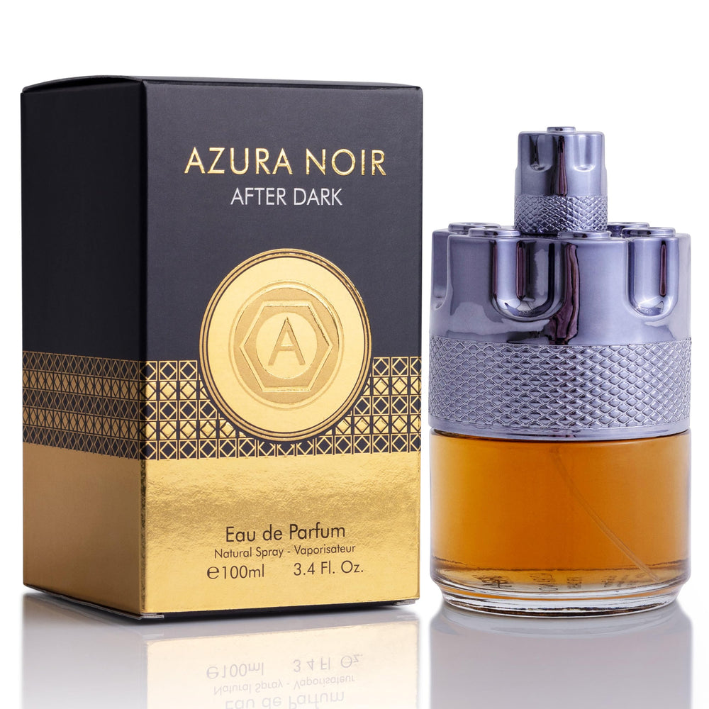 URBAN COLLECTION Azura Noir After Dark bottle front shows a premium woody fragrance for daily wear.