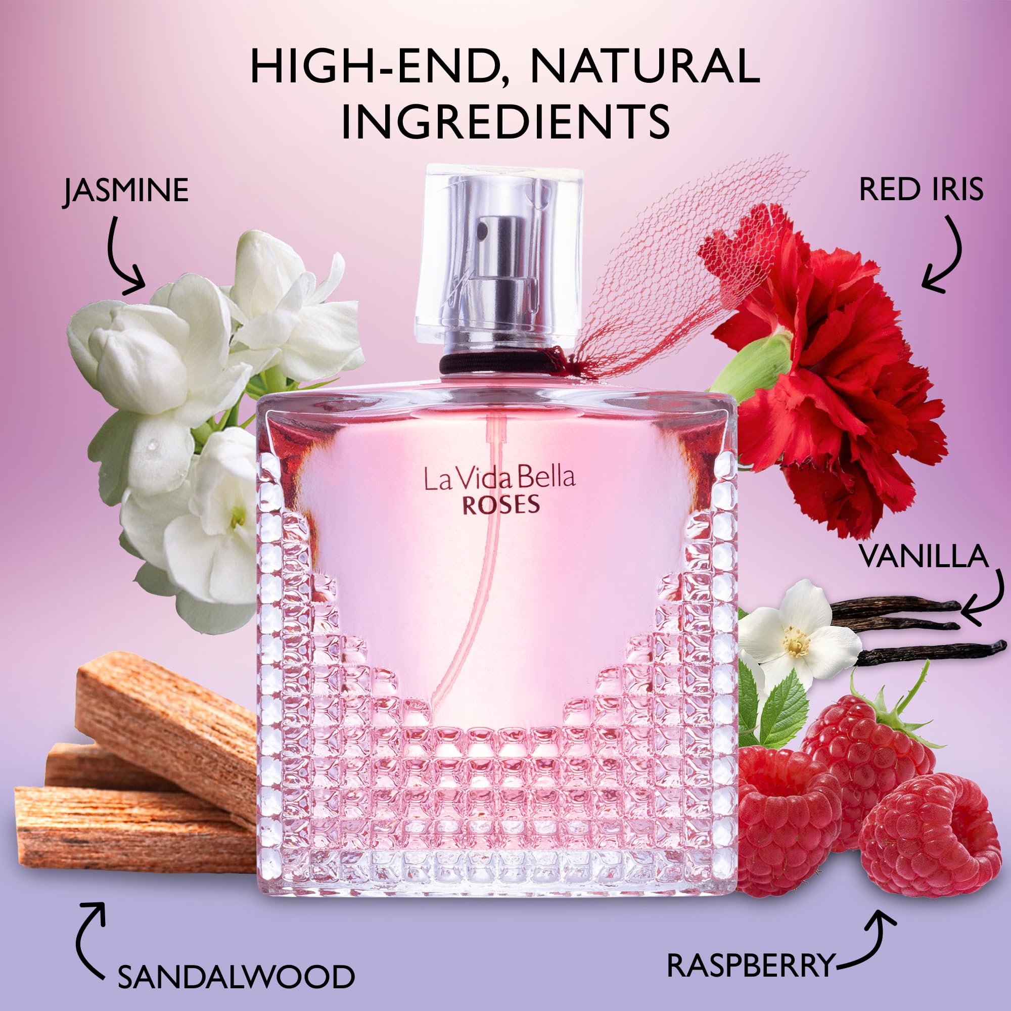 La Vida Bella Roses cap close-up emphasizes elegance and premium aroma.