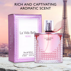 Bottle close-up highlighting rose detail and premium design aesthetics.