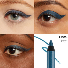 URBAN DECAY 24/7 Glide-On navy shimmer eyeliner applying to upper lid for definition.