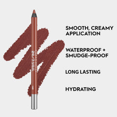 Urban Decay 24/7 Glide-On Lip Pencil Liar mauve nude application on lips demonstrates creamy glide