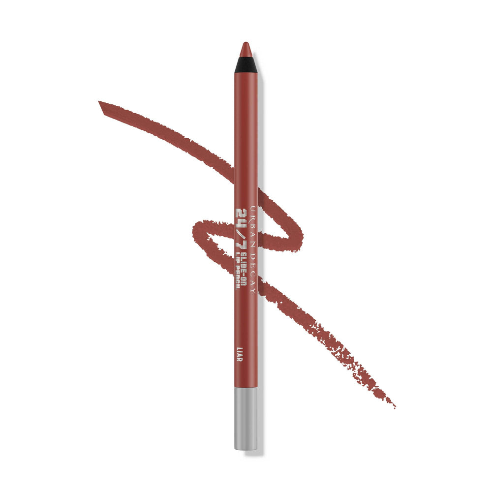 Urban Decay 24/7 Glide-On Lip Pencil Liar mauve nude lip-line close-up priming