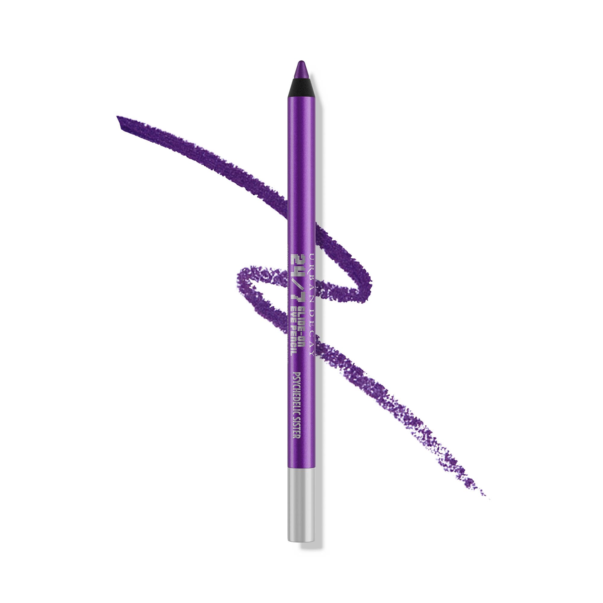 URBAN DECAY 24/7 Glide-On Psychedelic Sister swatch with bright purple shimmer