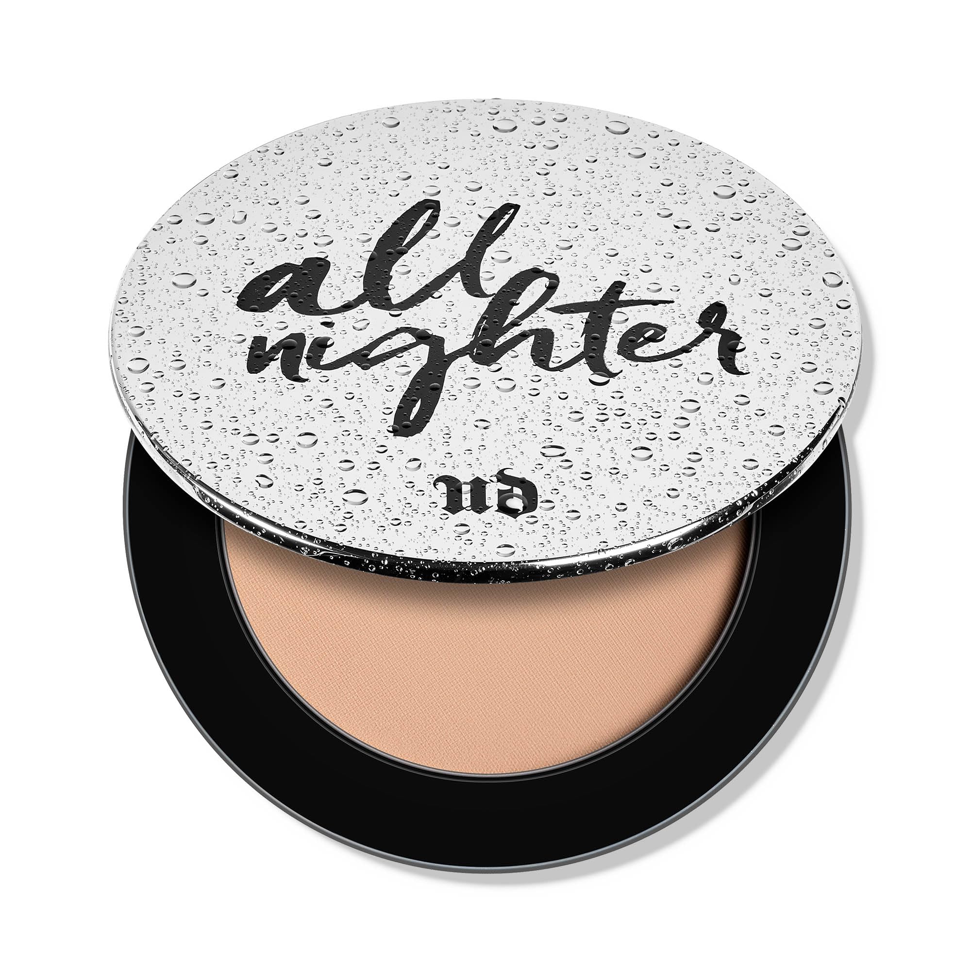 Urban Decay All Nighter compact closeup with translucent finish for long-lasting makeup.