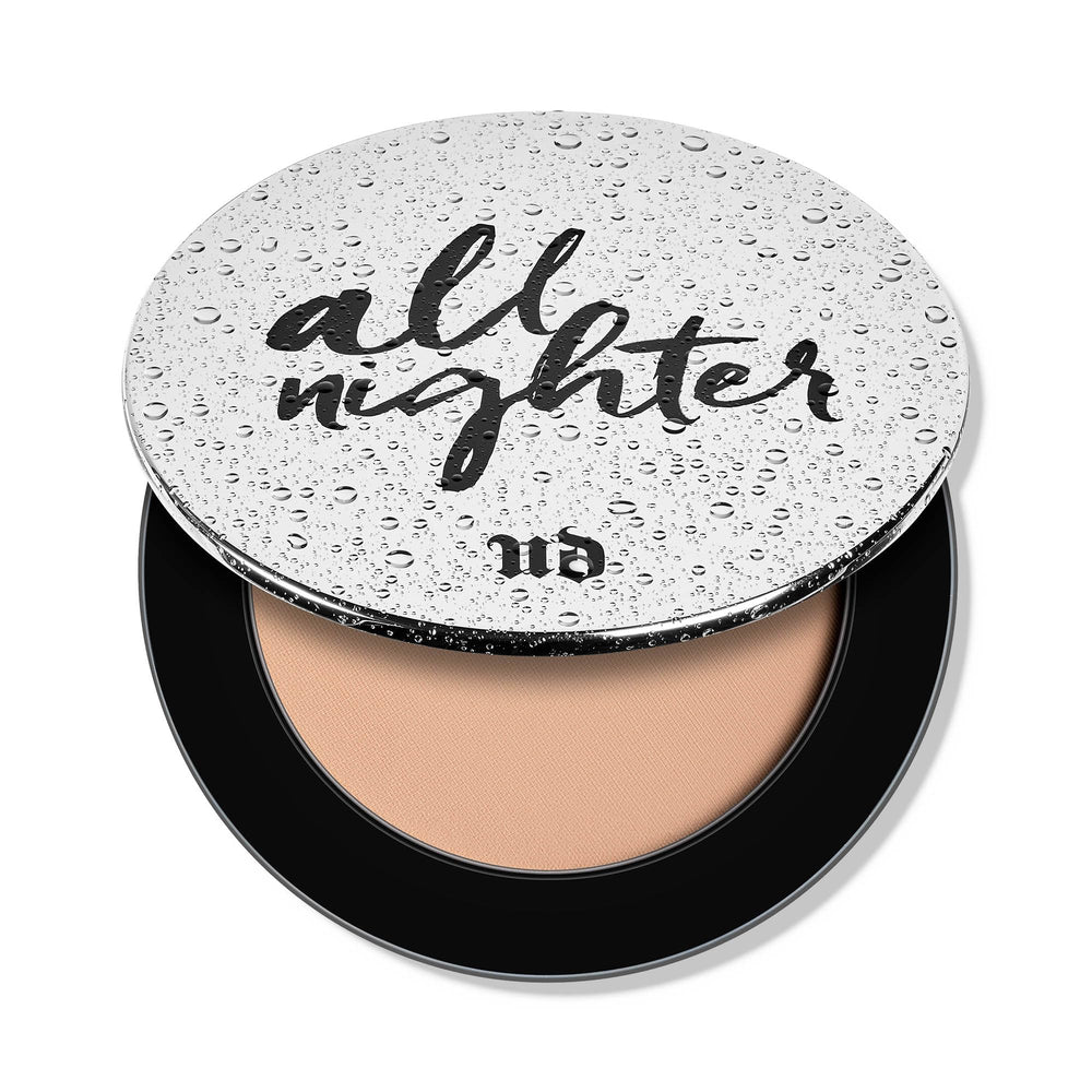 Urban Decay All Nighter compact closeup with translucent finish for long-lasting makeup.