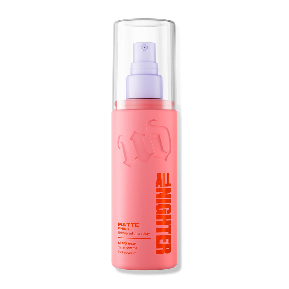 Urban Decay All Nighter setting spray bottle close-up highlighting premium packaging and longevity.