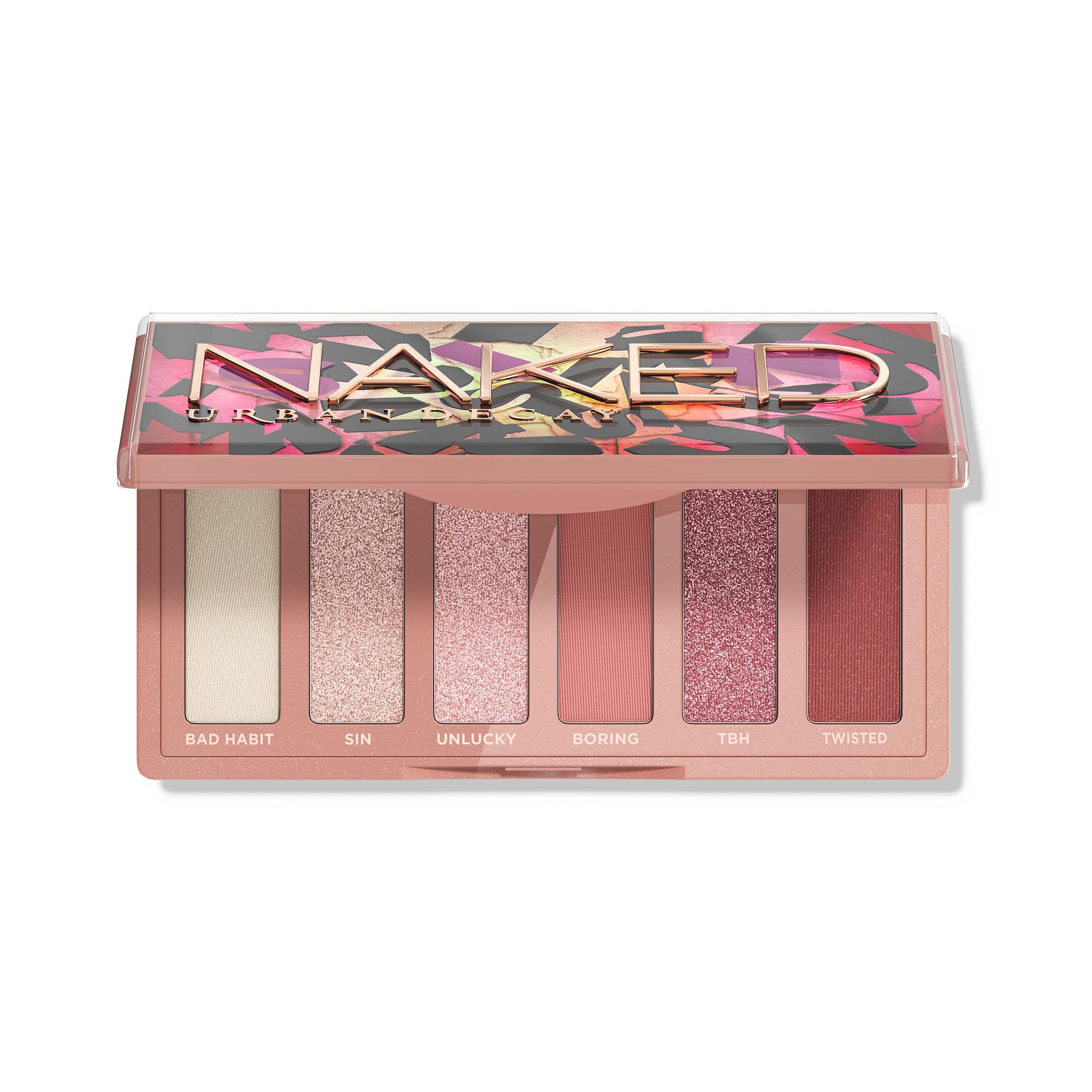 Urban Decay Naked Mini Sin eyeshadow palette with soft pink neutral tones for versatile looks.