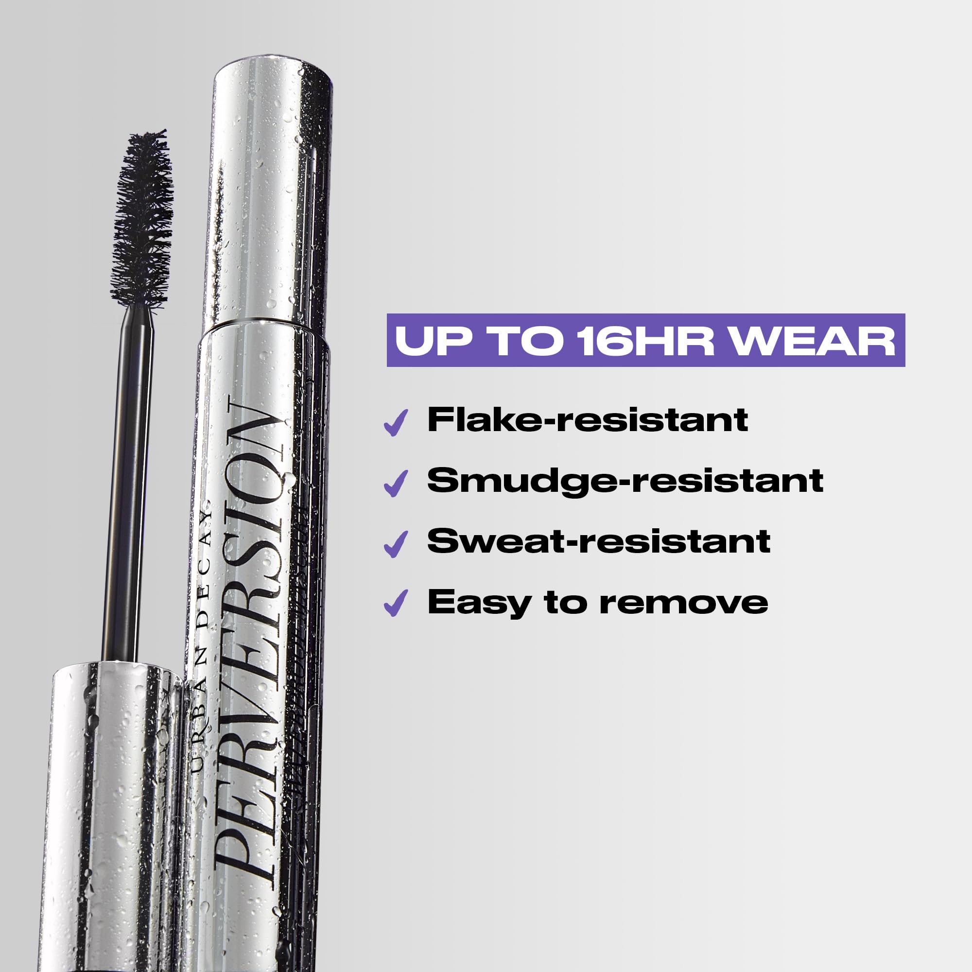 Urban Decay Perversion mascara brush close-up delivering dramatic lash lift.