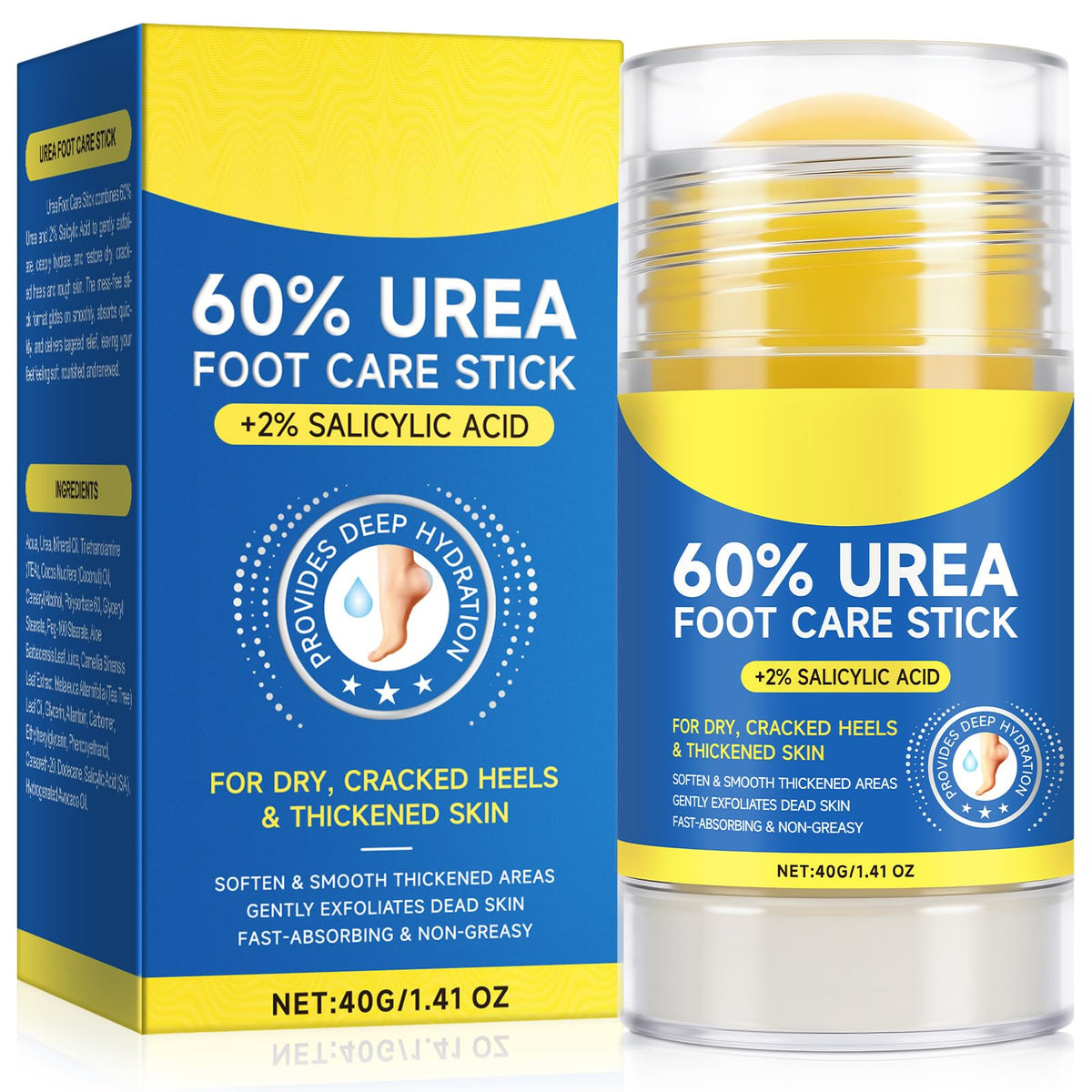 Urea60 stick application shows smooth glide for targeted cracked heel relief.