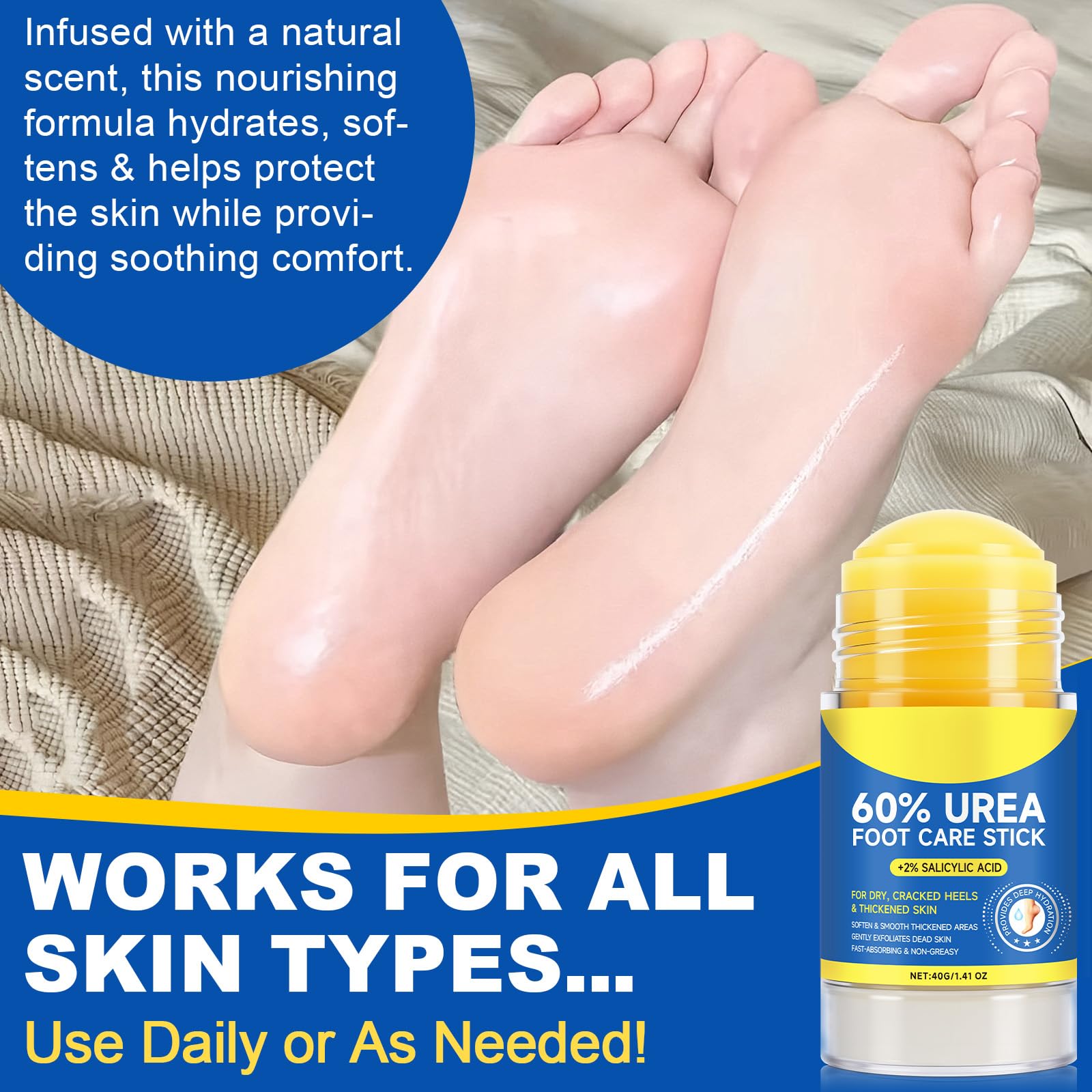 Urea60 easy-glide stick for mess-free, targeted foot care.