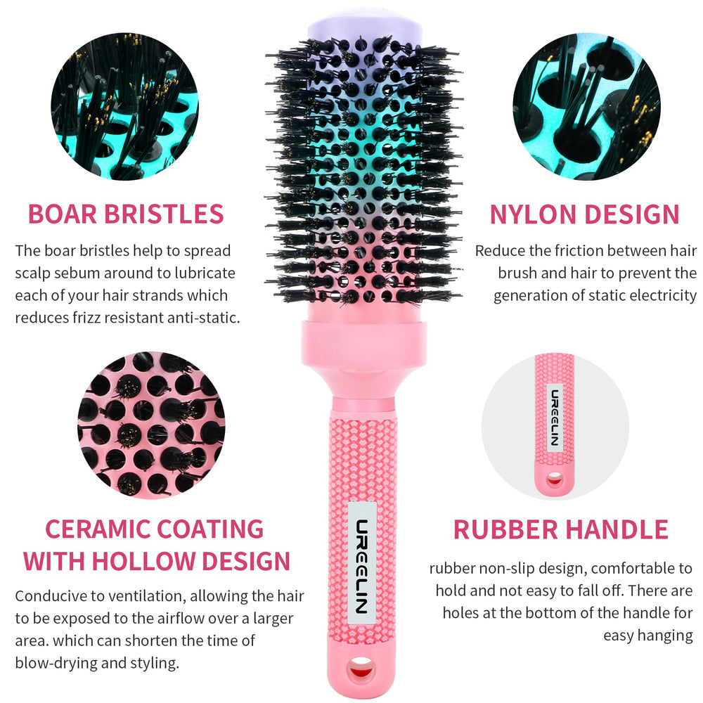 UREELIN Round Brush with nylon bristles for gentle detangling and reduced tugging.