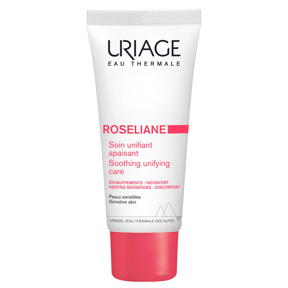 Uriage Roséliane cream tube with green pearls for redness correction and soothing comfort.