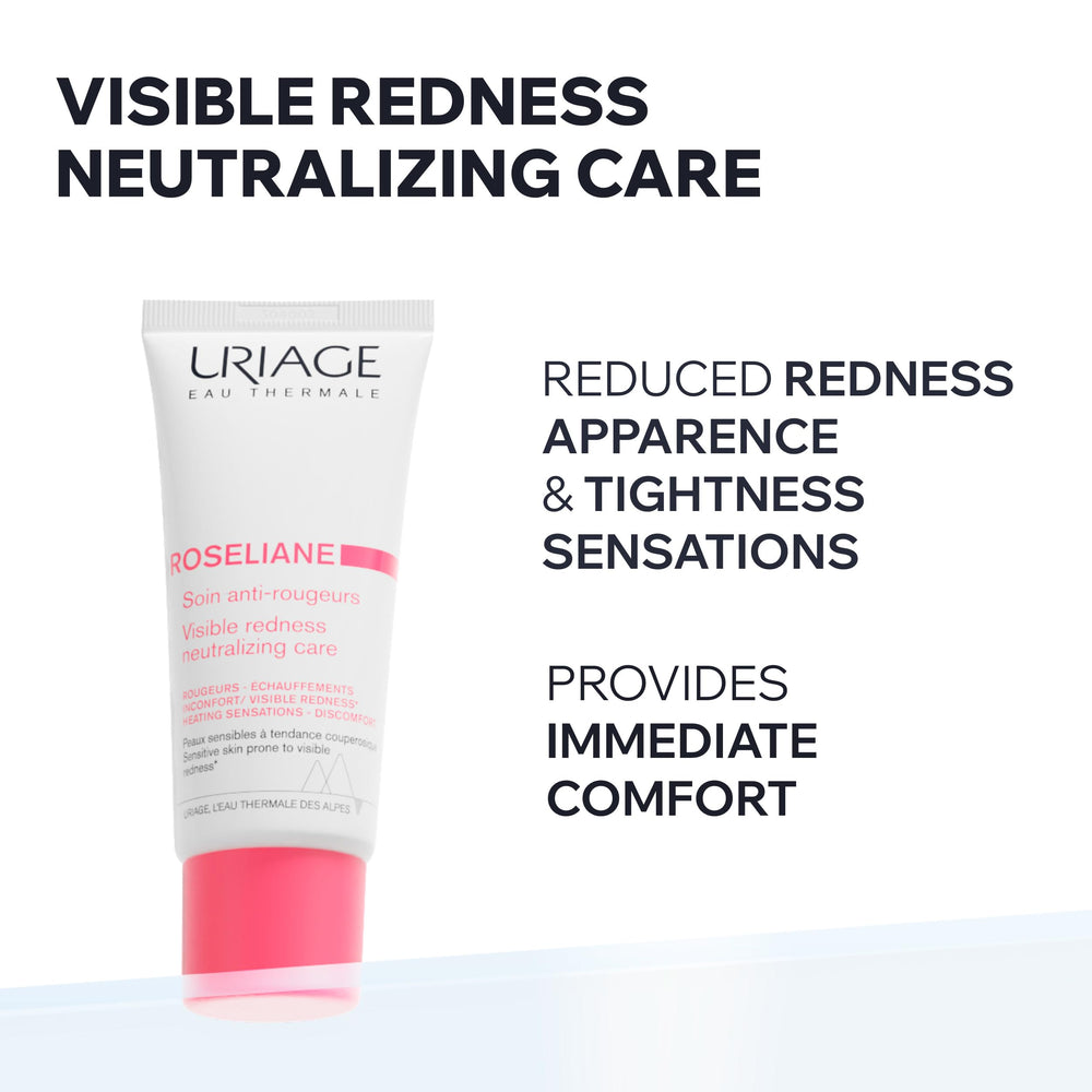 Uriage Roséliane bottle shows green pearls and light texture for immediate redness relief.