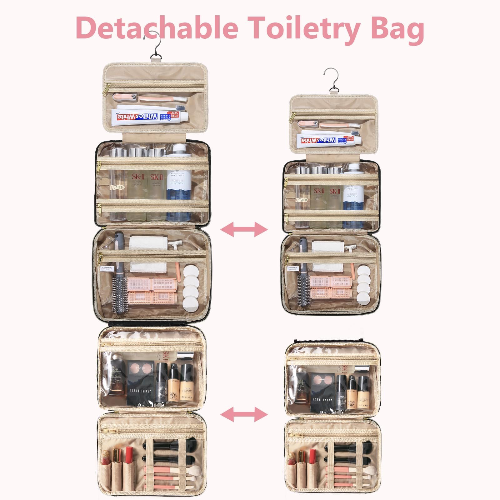 Urophylla bag with separate compartments keeps toiletries organized during travel.