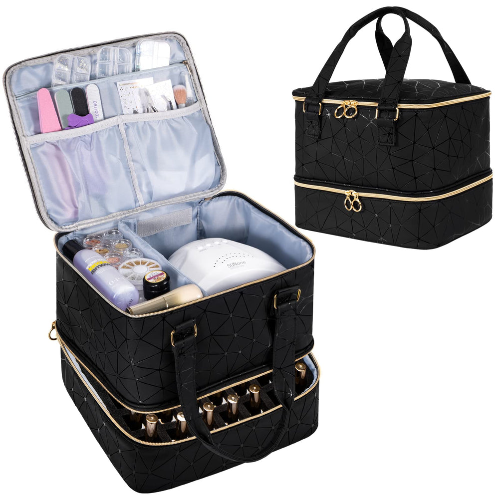 Uross nail polish organizer bag with 42-grid lower layer keeps bottles secure.
