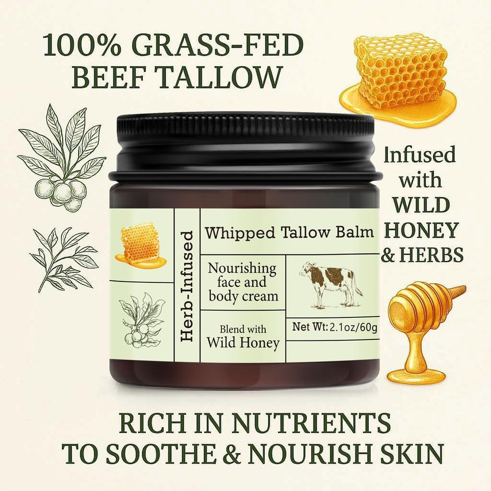 URQT organic grass-fed tallow honey balm label highlights clean, natural ingredients.
