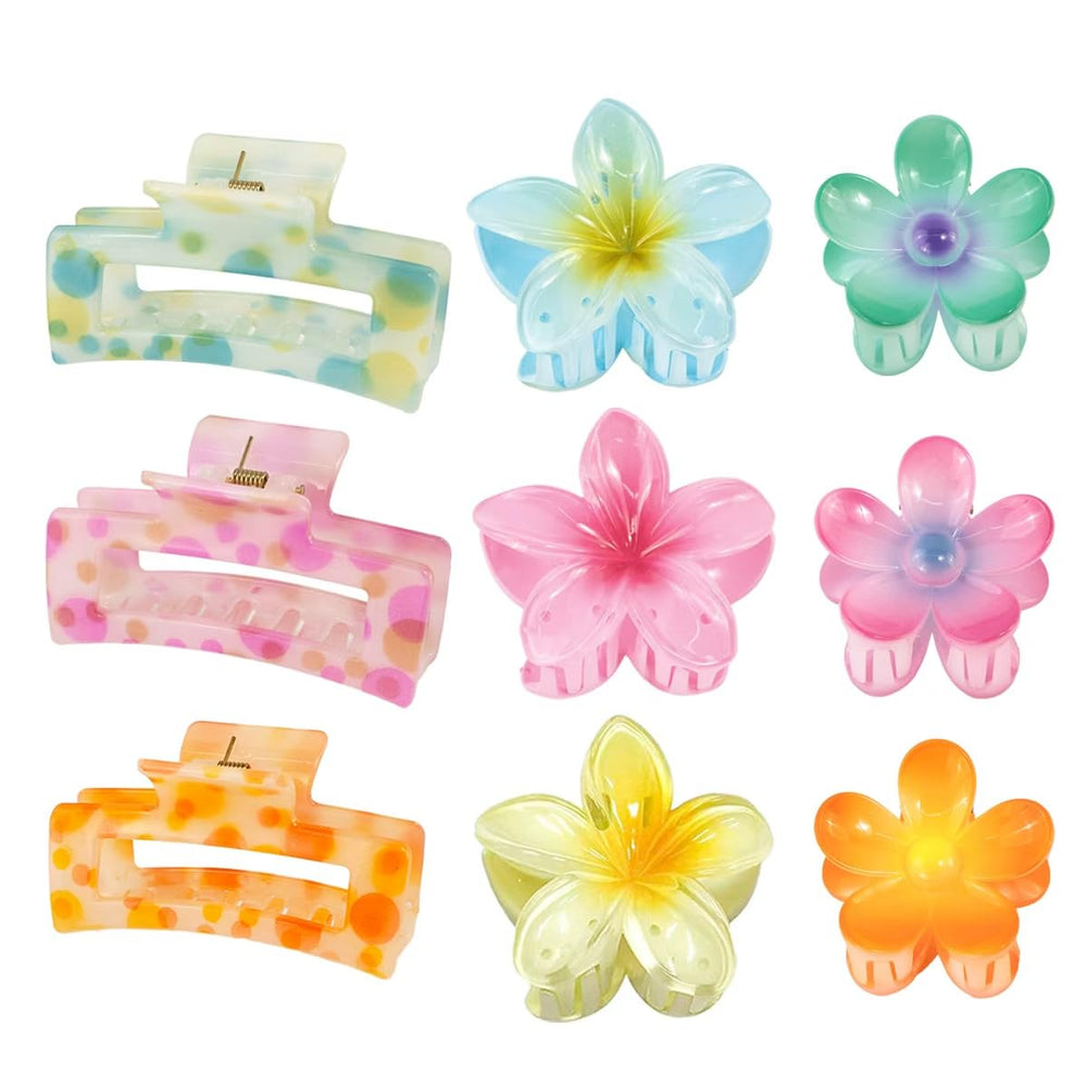 urrykid Hawaiian flower clip set shown in bright colors for festive summer hairstyles.