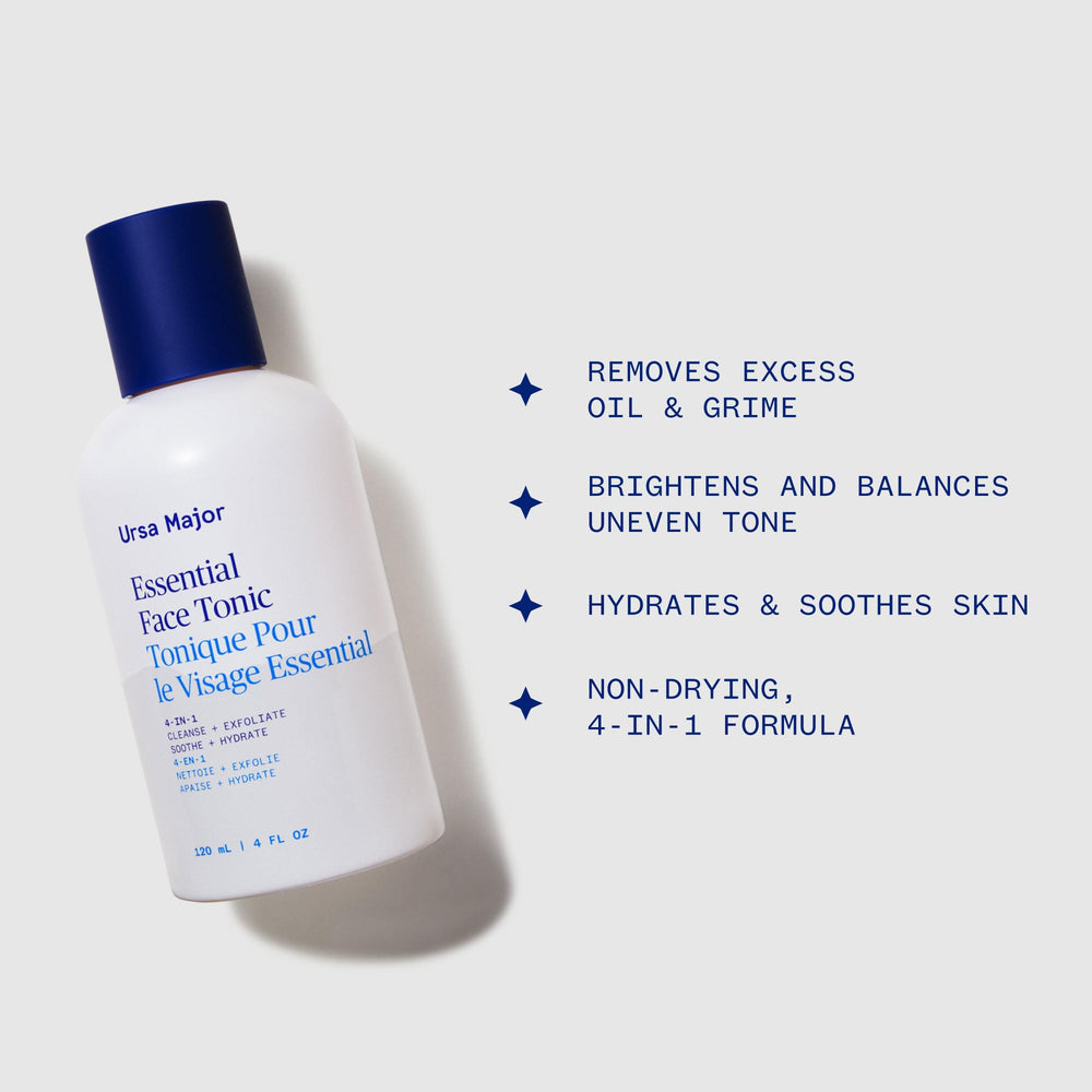 Ursa Major Essential Face Tonic label close-up highlighting natural ingredients.