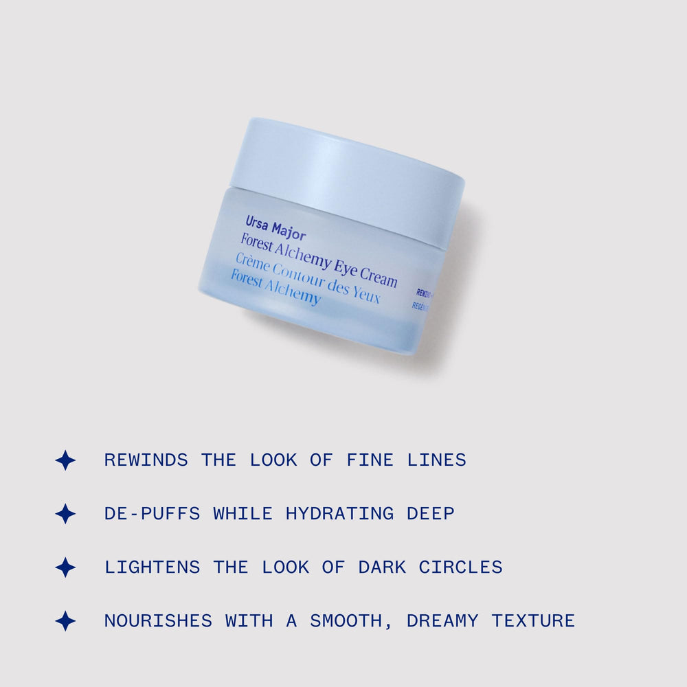 Ursa Major Forest Alchemy Eye Cream packaging side view highlights minimal, clean design.