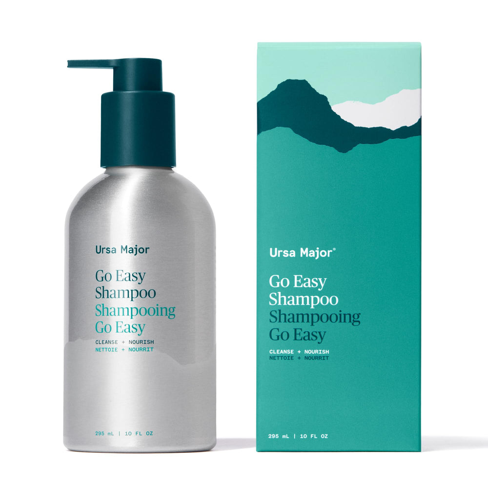 Ursa Major Go Easy Daily Shampoo bottle front highlights a vegan, sulfate-free formula for daily cleansing.