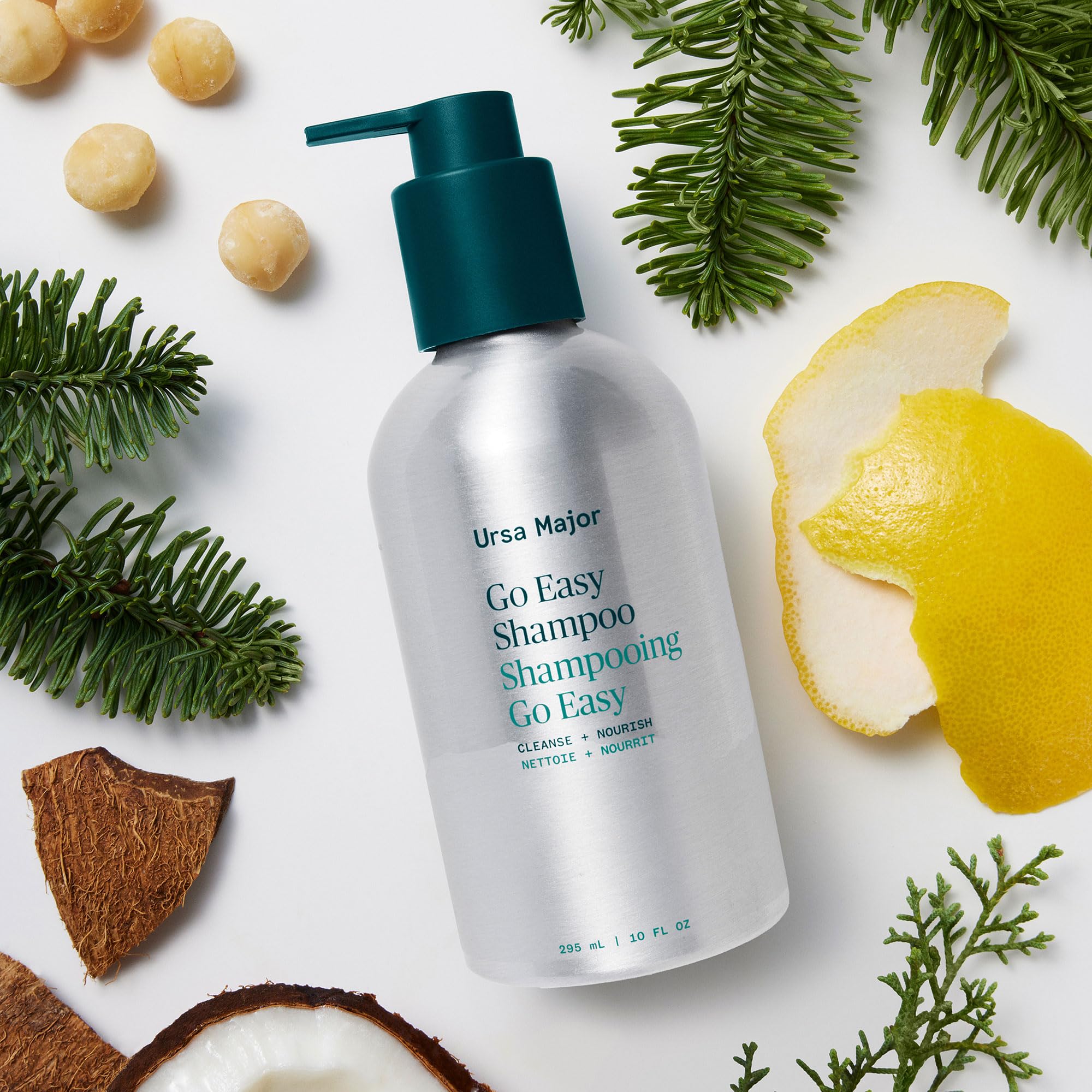 Ursa Major Go Easy Daily Shampoo label emphasizes vegan and cruelty-free status.
