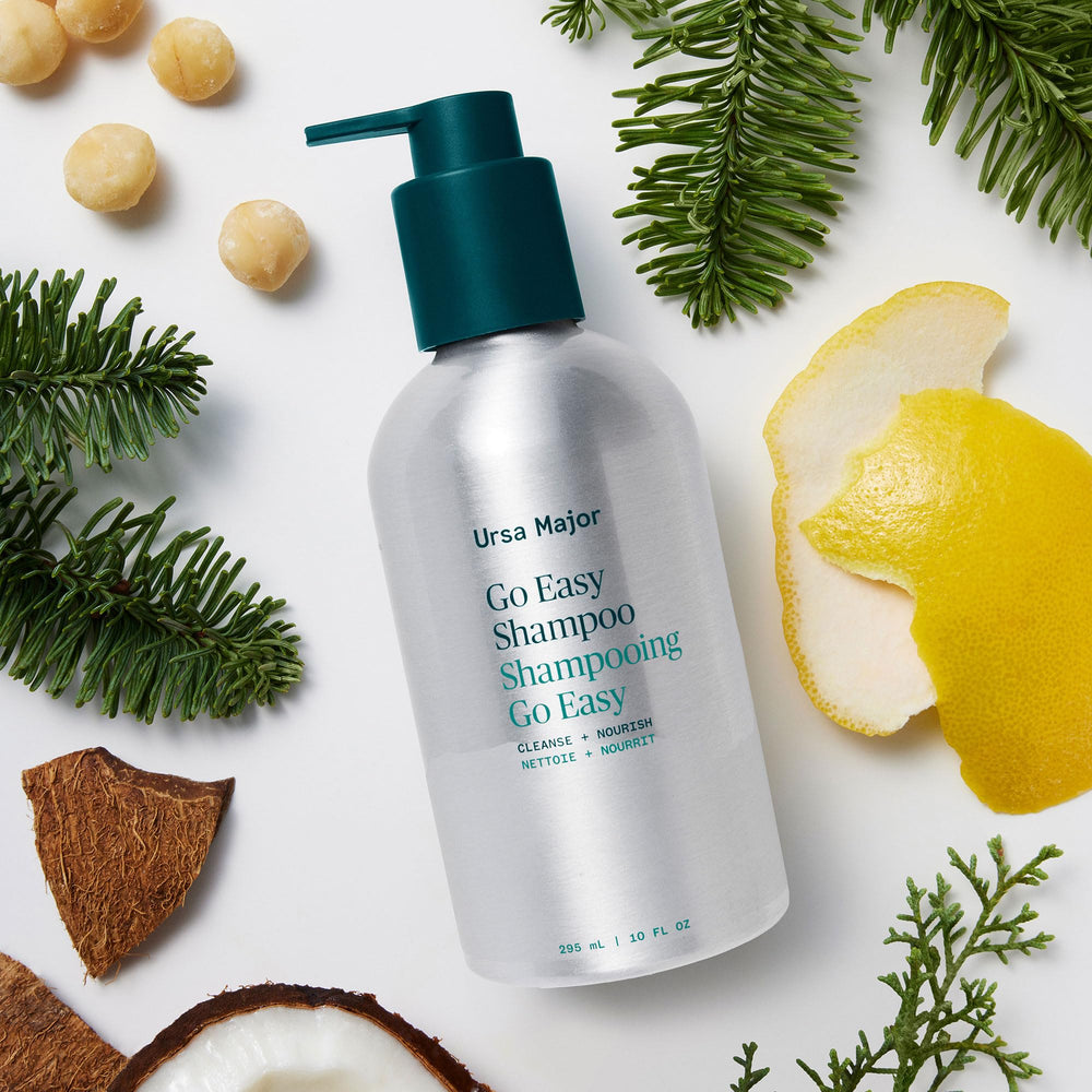 Ursa Major Go Easy Daily Shampoo label emphasizes vegan and cruelty-free status.