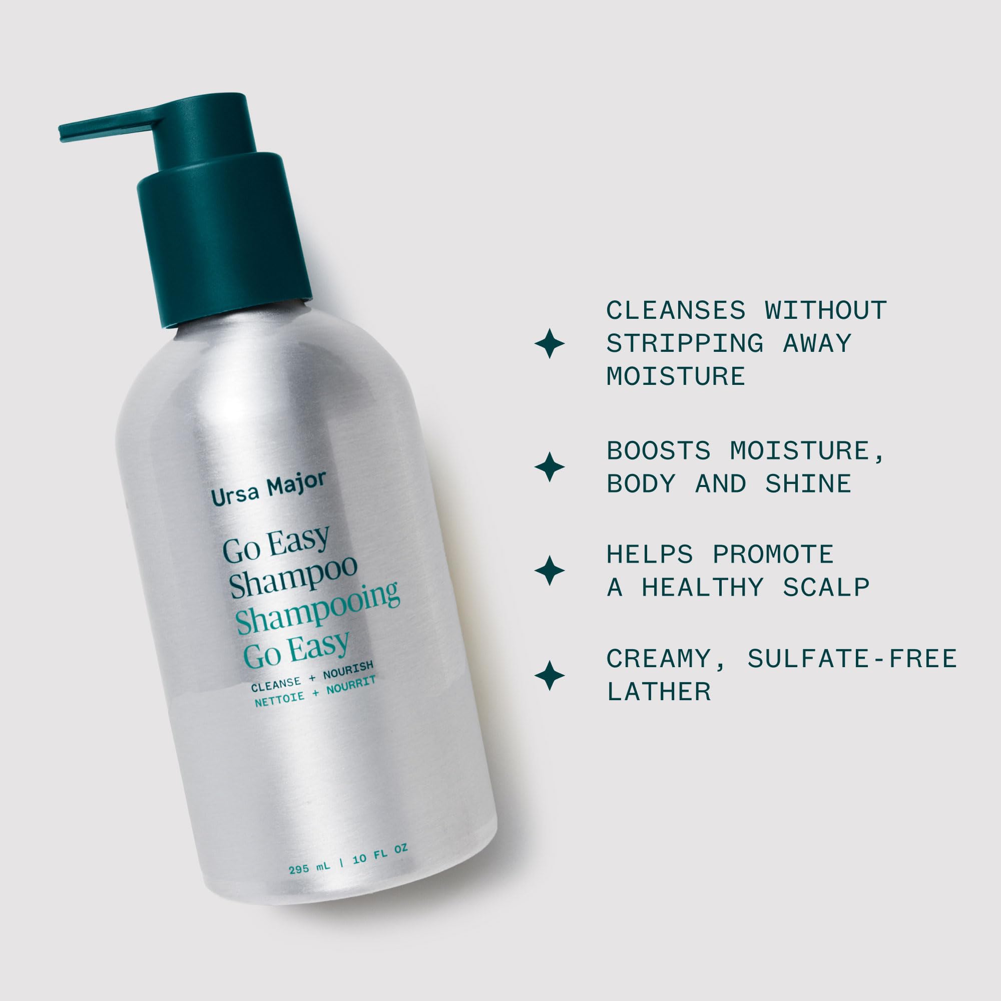 Ursa Major Go Easy Daily Shampoo pour shows smooth distribution for gentle cleansing.