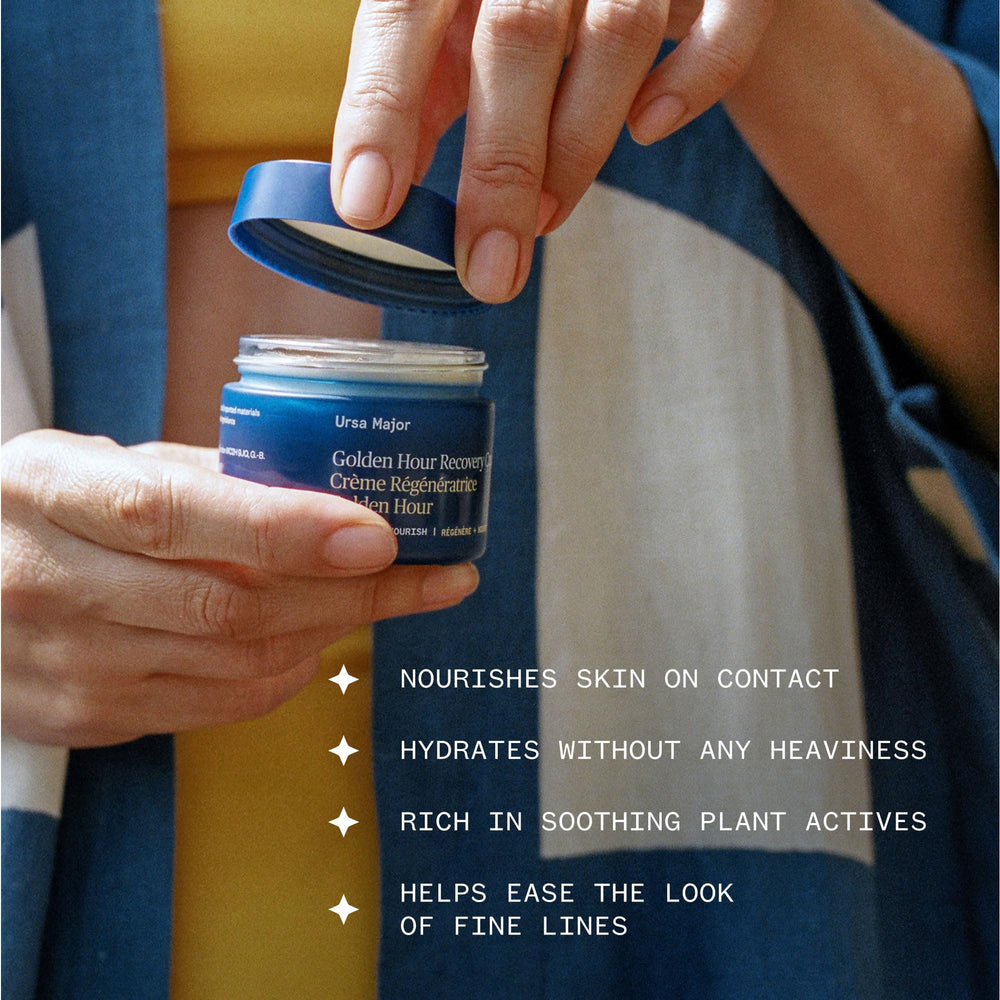 Ursa Major Golden Hour moisturizer spread on hand demonstrates quick-absorbing hydration.