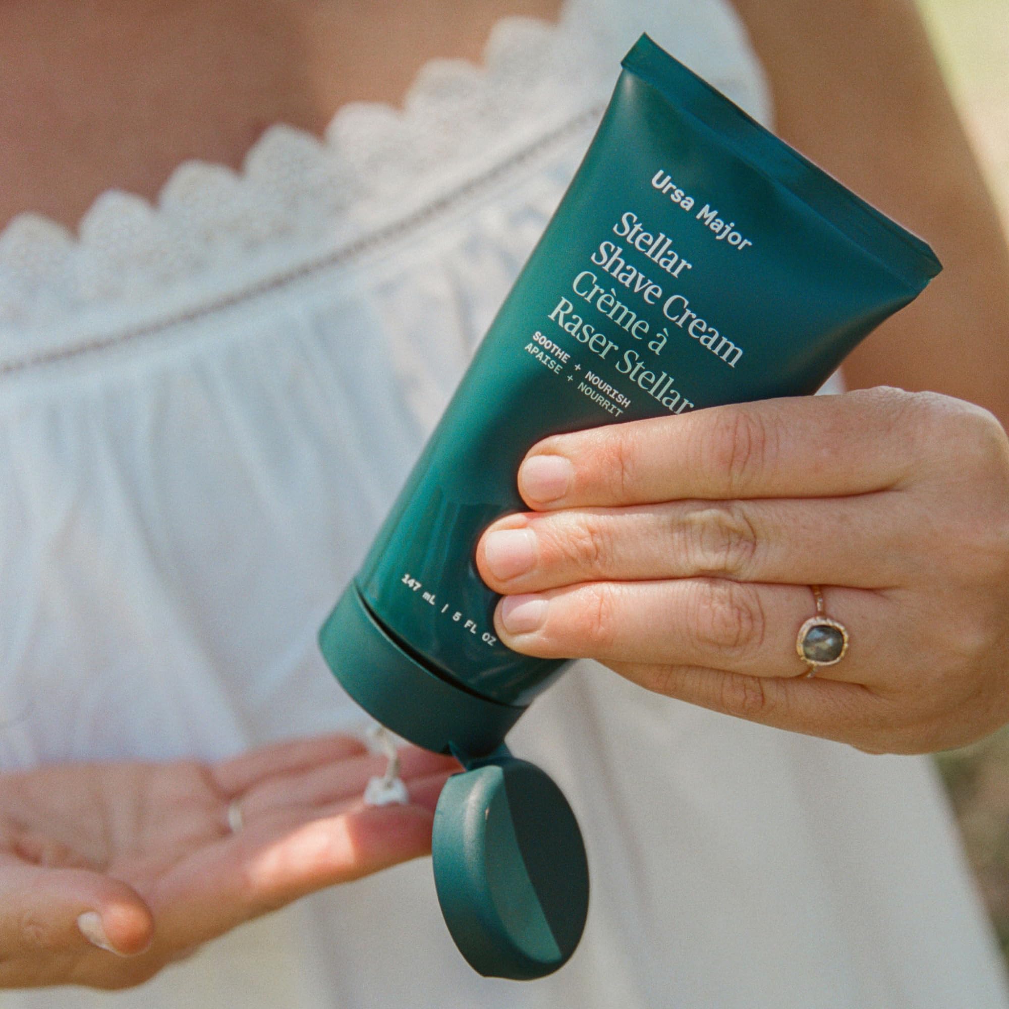 Ursa Major shave cream application emphasizes skin-loving ingredients like shea and aloe