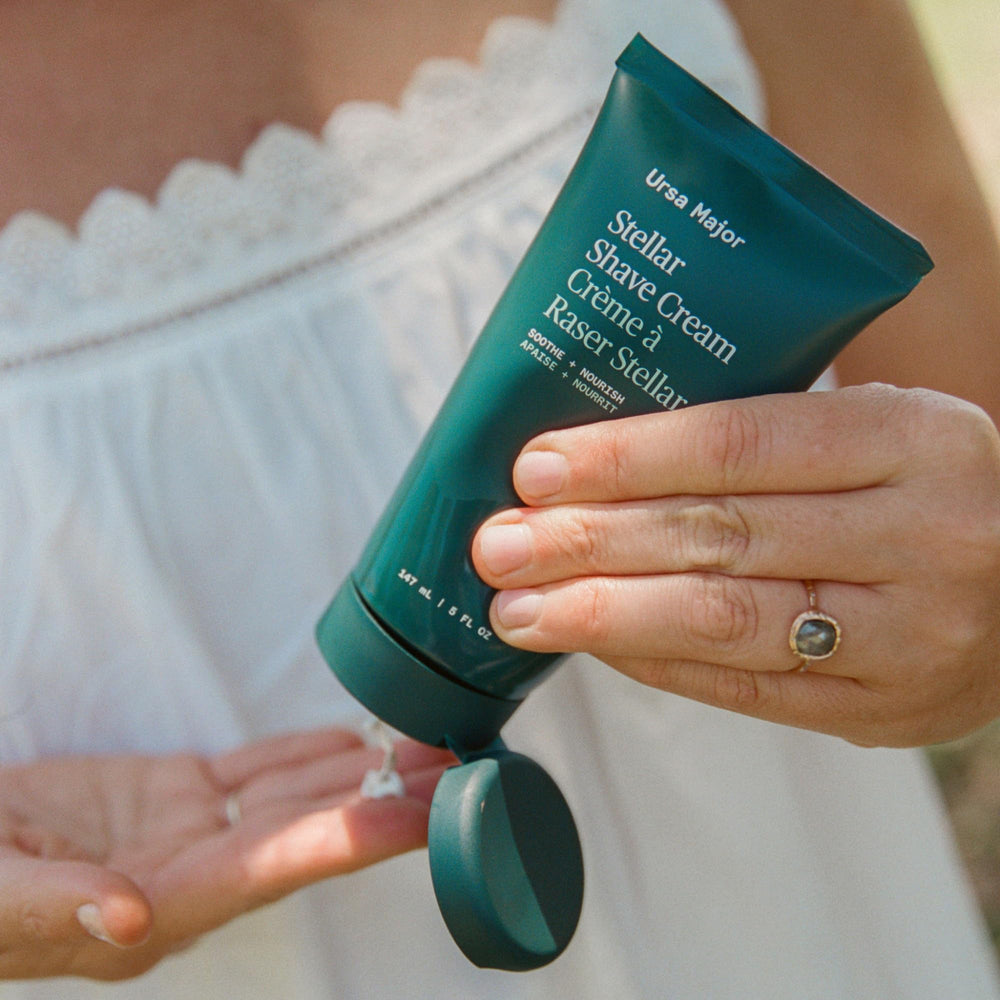 Ursa Major shave cream application emphasizes skin-loving ingredients like shea and aloe