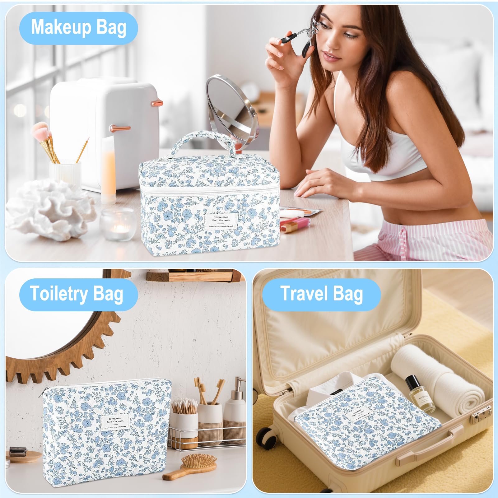 URSKYTOUS quilted makeup bag set medium fits brushes and creams