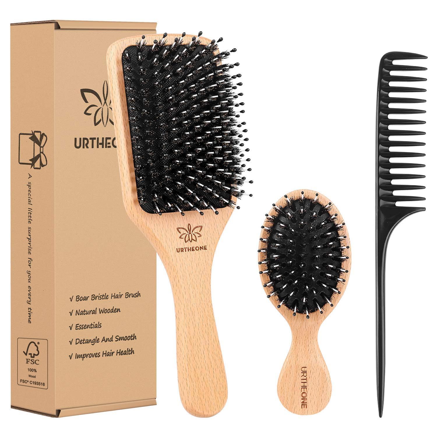 URTHEONE boar bristle paddle brush detangles hair and adds natural shine.
