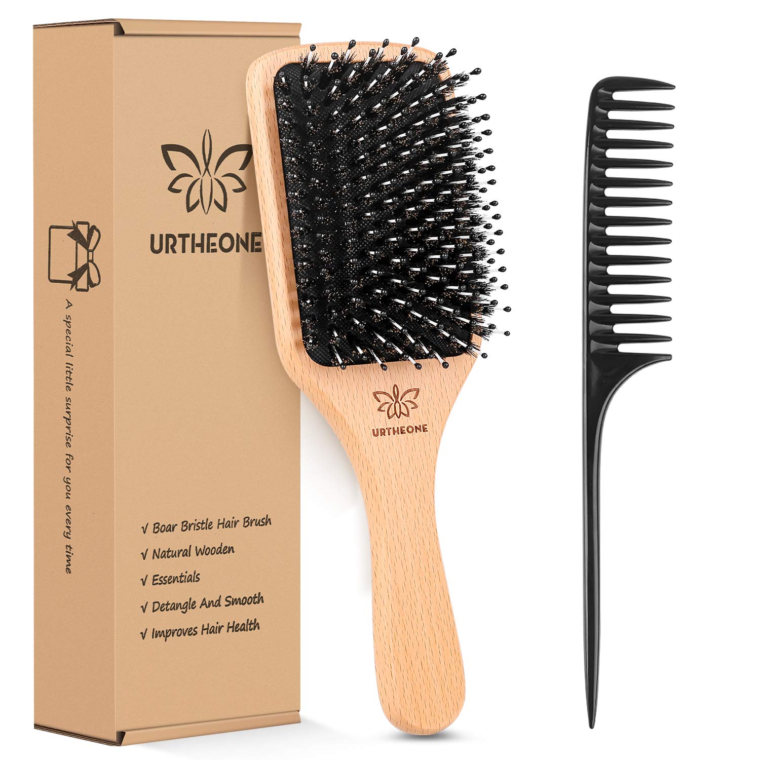 URTHEONE boar bristle hair brush with dense bristles for smoothing and shine.