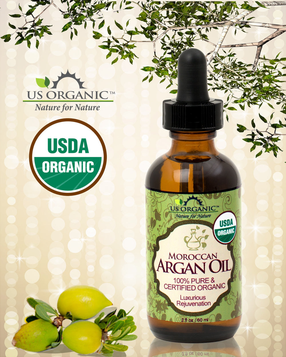 US Organic Argan Oil hair treatment for dry, frizzy hair