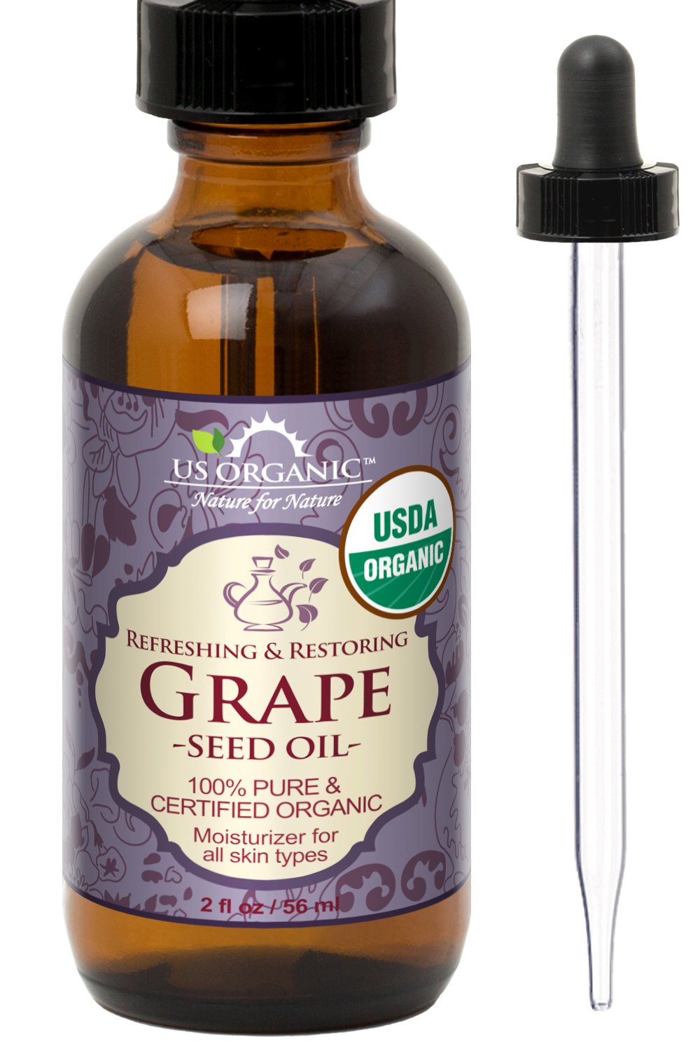 US Organic Grape Seed Oil in amber glass bottle preserves freshness and nutrients.