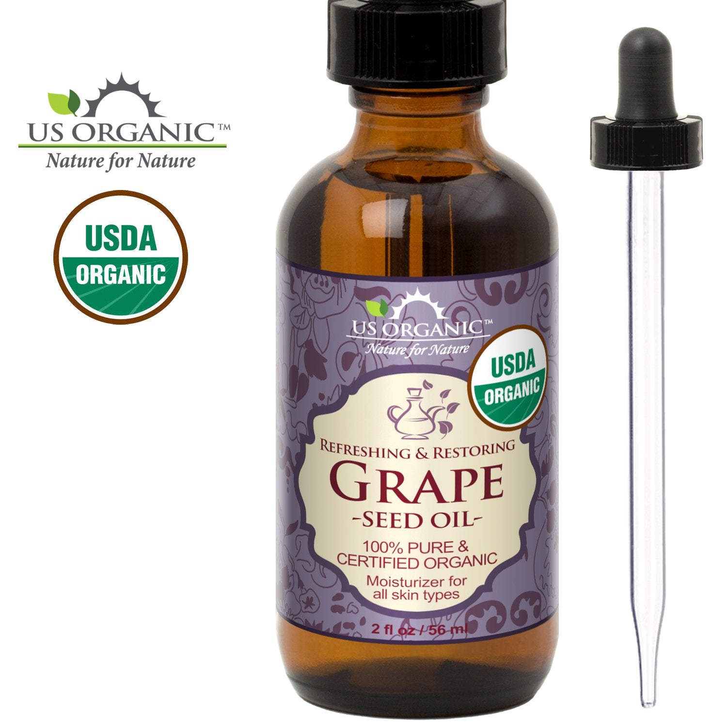 US Organic Grape Seed Oil with glass eyedropper enables precise, gentle application.