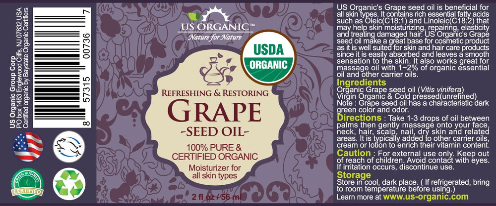 US Organic Grape Seed Oil amber glass bottle highlights nutrient-rich, lightweight skincare.
