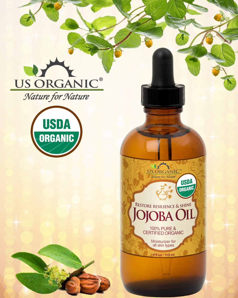 US Organic Jojoba Oil dropper bottle illustrating easy application for skin and hair.