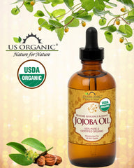 US Organic Jojoba Oil dropper bottle illustrating easy application for skin and hair.
